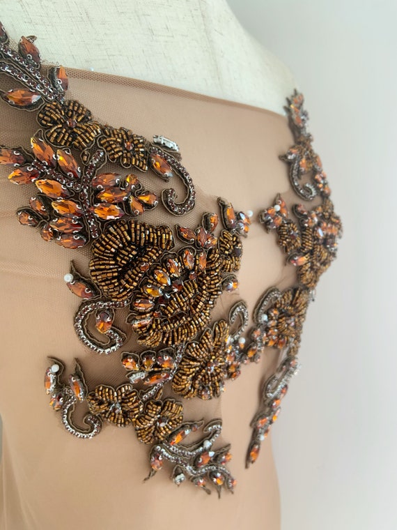 Brown rhinestone applique, handcrafted crystal bodice patch with 3d flowers, heavy bead applique for couture and dance costume