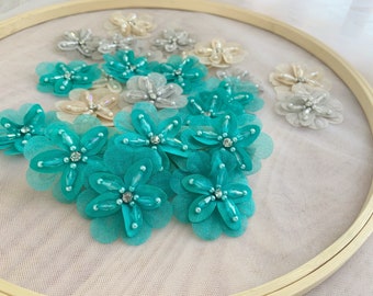 5pcs turquoise florals applique, 3d bead flowers with rhinestone, handcrafted flowers applique