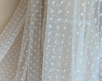 Off white tulle Lace fabric with tiny velvet flowers,  tulle mesh fabric with velvet daisies, new arrival, hot selling