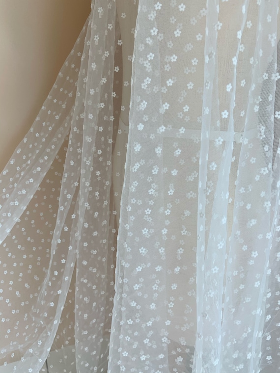 Off white tulle Lace fabric with tiny velvet flowers,  tulle mesh fabric with velvet daisies, new arrival, hot selling