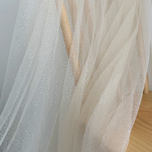 Ivory beige tulle fabric with glitters shimmer for dress, costume, dance costume, sparkling galaxy tulle fabric