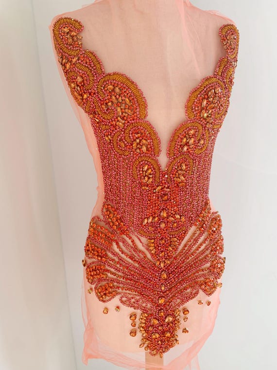 Orange Full size Rhinestone bodice appliqué, rhinestone dress, crystal applique for couture, dress, costume, stage performance