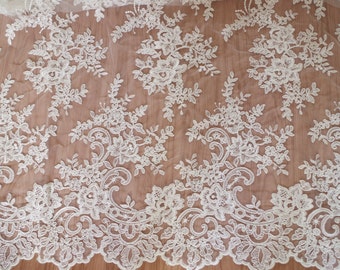 ivory Alencon Lace Fabric with grace floral, corded lace fabric, bridal lace fabric by the yard, cording lace fabric with floral mofif