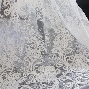 Ivory Alencon Lace Fabric With Grace Floral, Corded Lace Fabric With ...