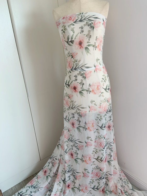 4 way stretch tulle fabric with peach flowers, power mesh fabric, elastic tulle fabric with red hot pink heart for Valentine’s Day