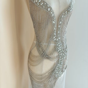Silver Rhinestone appliqué with chains, rhinestone body jewelry , crystal bodice appliqué for couture, dress, dance costume, prom dress