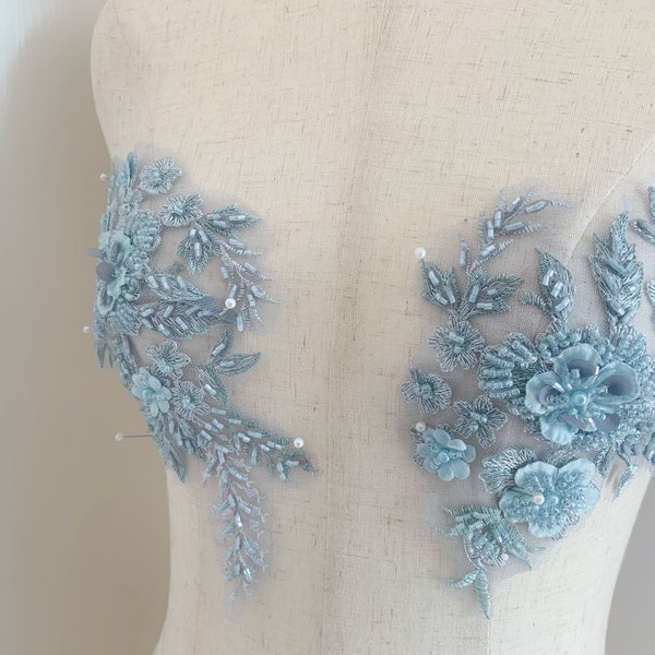 2 pcs light blue lace applique with 3d flowers