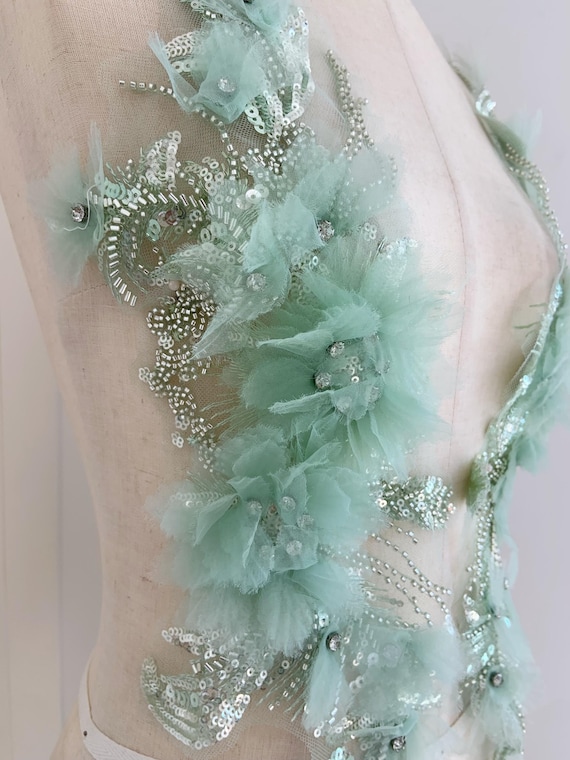 Light sage green appliqué with petals for dress Alterations Millinery dance costume, 3d floral applique