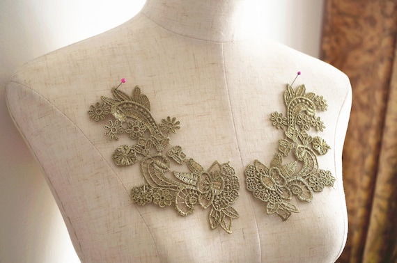 metallic gold lace applique by pairs, retro metallic gold venise lace applique