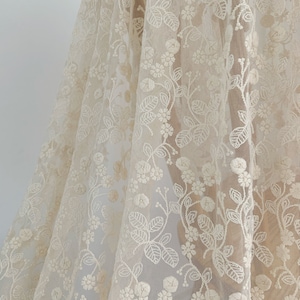 ivory embroidered tulle lace fabric with elegant florals, beige mesh lace fabric, retro style wedding table cloth