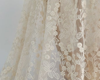ivory embroidered tulle lace fabric with elegant florals, beige mesh lace fabric, retro style wedding table cloth