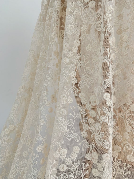 ivory embroidered tulle lace fabric with elegant florals, beige mesh lace fabric, retro style wedding table cloth