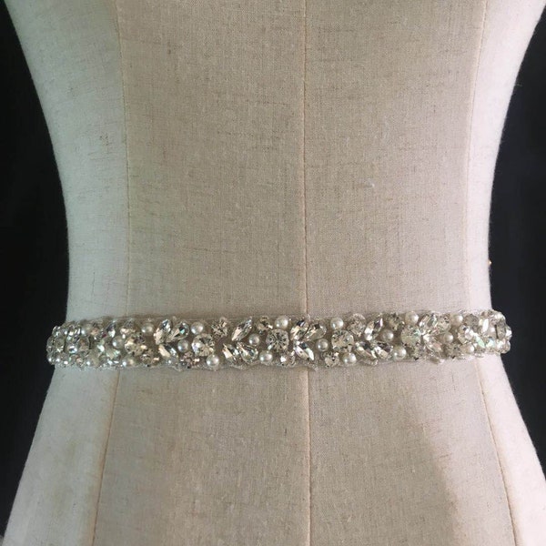 Rhinestone Sash belt trim, crystal sash applique, pearls and rhinestone bead sash, wedding sash, craft bridal sash supplies, bridal headband