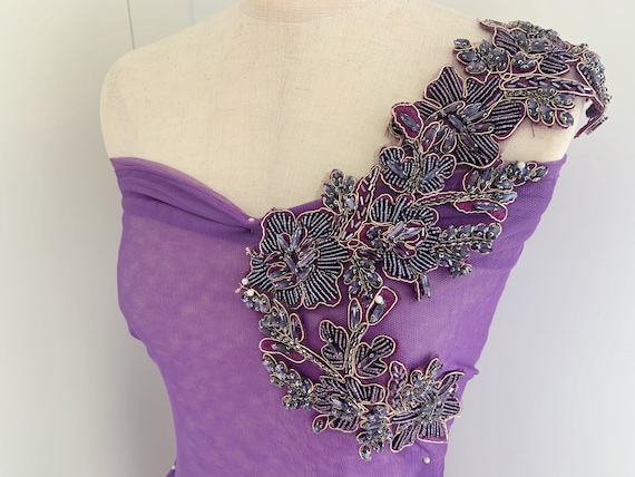 Purple rhinestone applique by pair, handcrafted rhinestone bodice patch with 3d flowers, heavy bead applique for couture dance costume