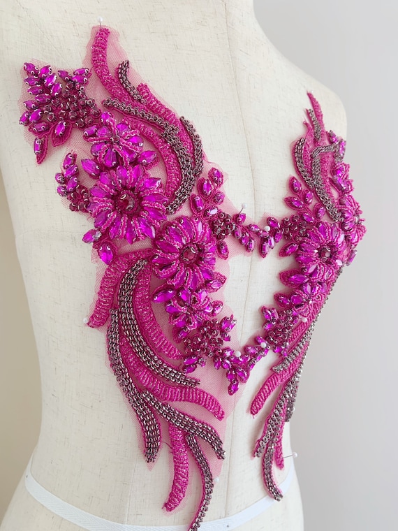 Hot pink rhinestone applique, crystal bodice patch, rhinestone patch applique for couture sewing