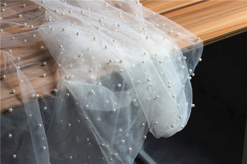 pearl bead tulle fabric, heavy bead mesh lace fabric, bridal tulle lace fabric with pearls image 3