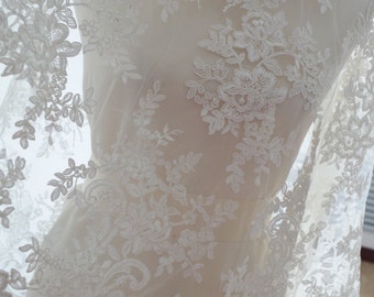 ivory Alencon Lace Fabric with grace floral, corded lace fabric, bridal lace fabric by the yard, cording lace fabric with floral mofif