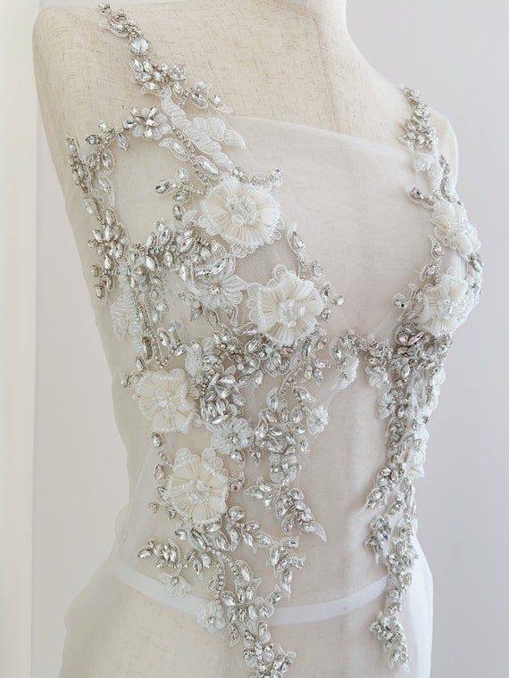 rhinestone applique with 3d florals, handcrafted florals bodice patch for couture, wedding dress, dance costume