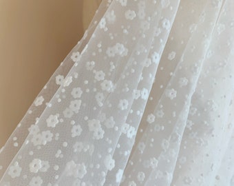 Off white tulle Lace fabric with tiny velvet flowers and dots