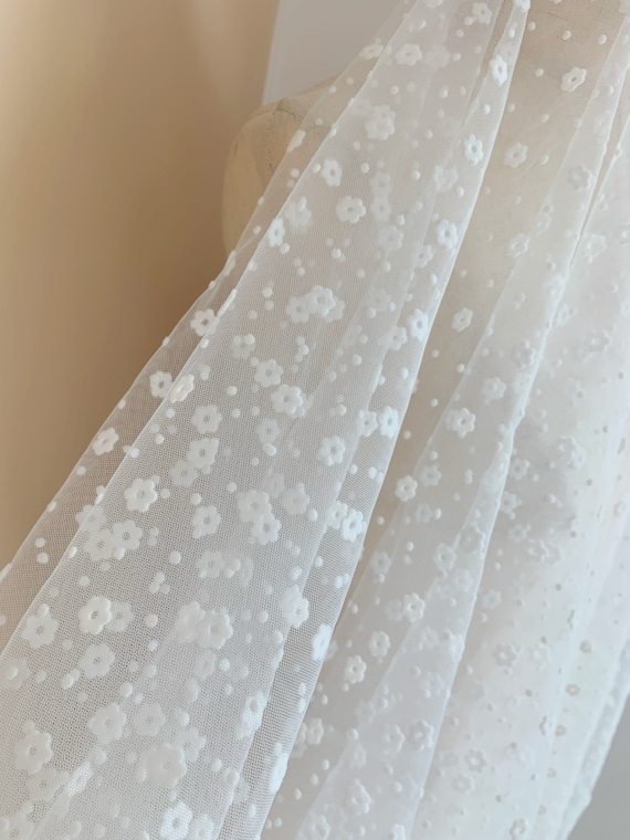 Off white tulle Lace fabric with tiny velvet flowers and dots