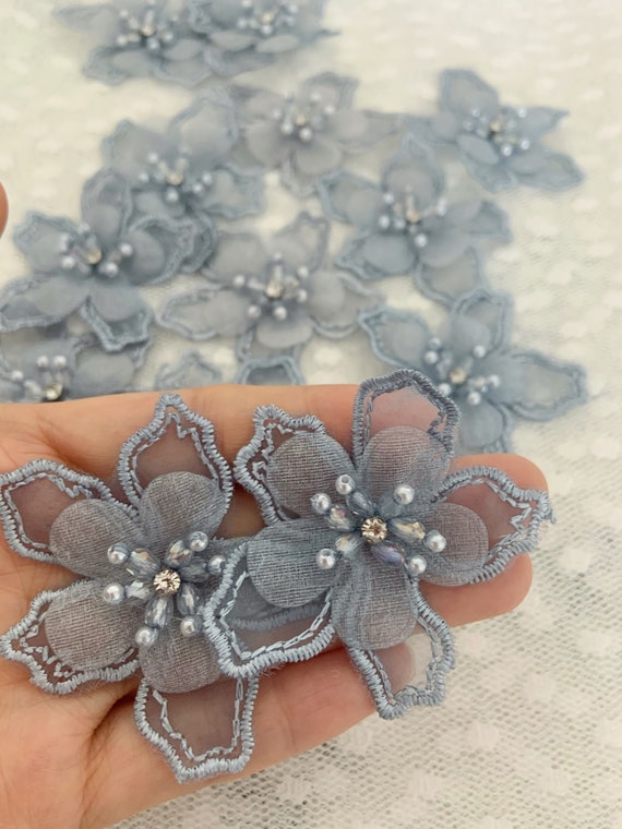 5pcs pale blue 3d florals motif applique, heavy bead organza lace applique with rhinestone