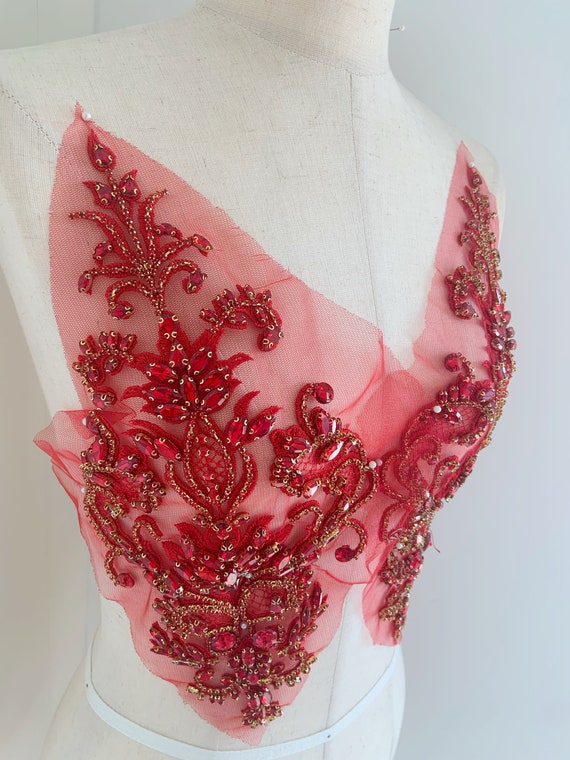 Red rhinestone appliqué, sparkle crystal applique for corset, couture, dress, dance costume