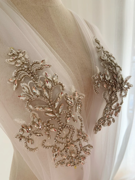Silver Rhinestone applique patch for couture, crystal bodice patch, heavy bead handmade bodice patch