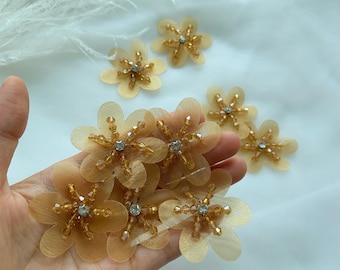 5pcs gold yellow 3d flowers applique, heavy bead floral petals with crystals beads