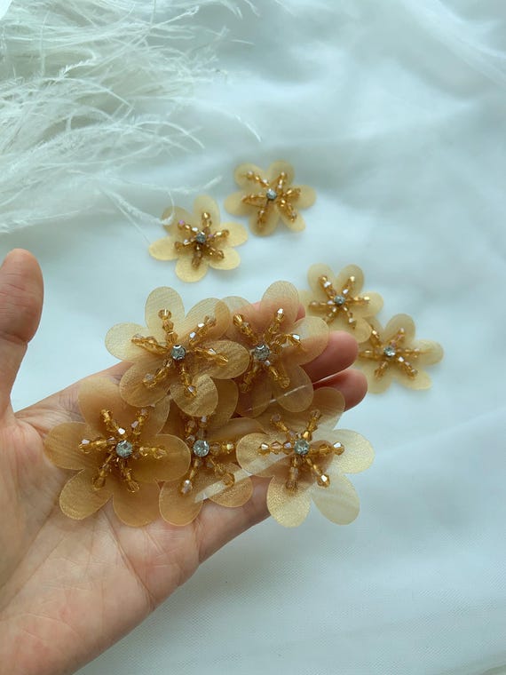 5pcs gold yellow 3d flowers applique, heavy bead floral petals with crystals beads
