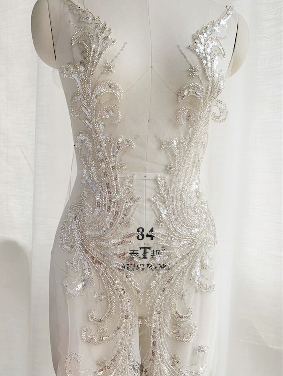 Large French Lace Applique for couture, heavy embroidered lace bodice with beads and sequins
