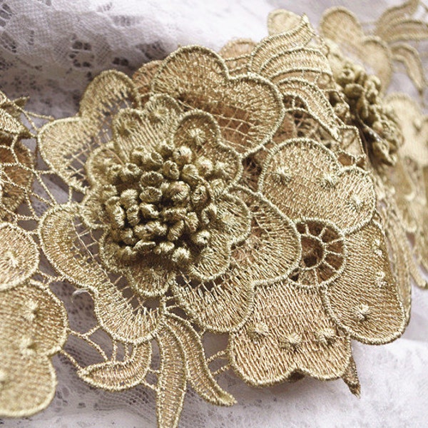 gold 3D flower lace trim, metallic gold lace trim with 3D flower