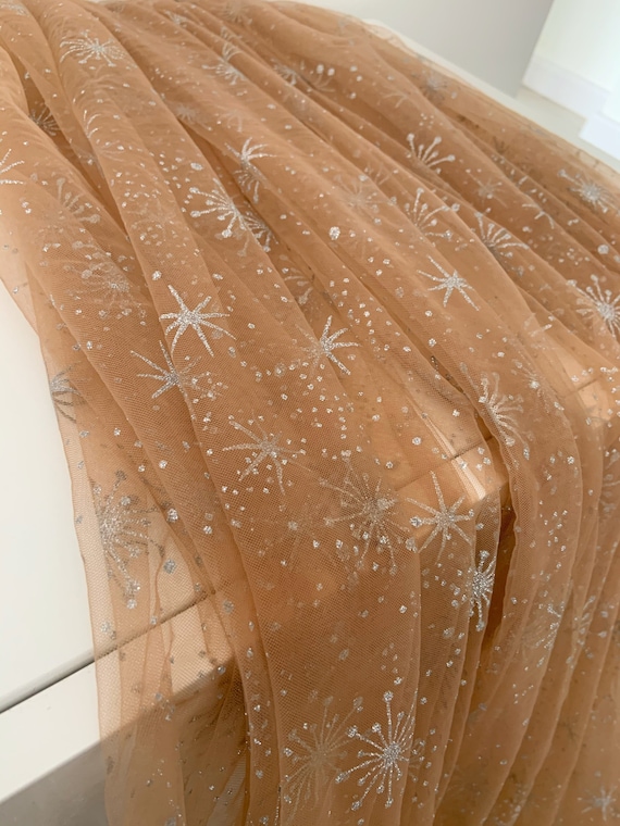 Brown tan tulle fabric with silver stars, snowflake, tulle for dance costume, sparkle tulle for dress, party decors, wedding decors