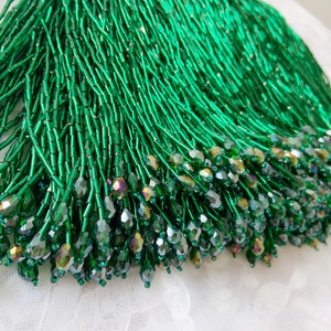 Emerald Green bead Fringe trim for haute couture, dance costume trim | 5.9 inches