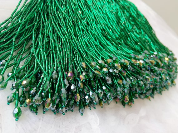 Emerald Green bead Fringe trim for haute couture, dance costume trim | 5.9 inches