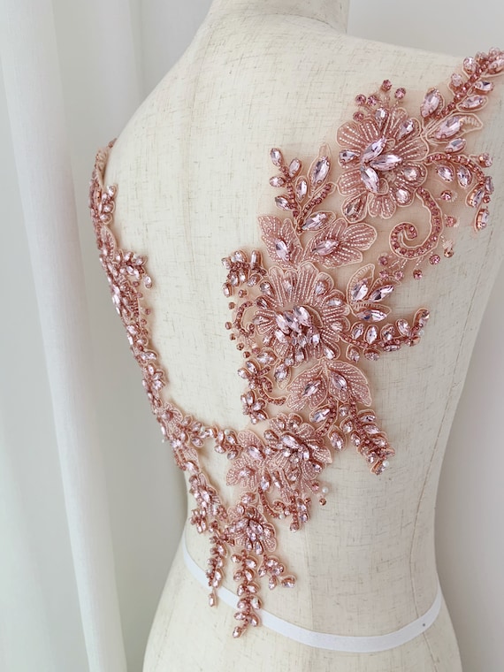 Peach rhinestone applique, crystal bodice patch, handcrafted rhinestone bead applique for couture and dance costume