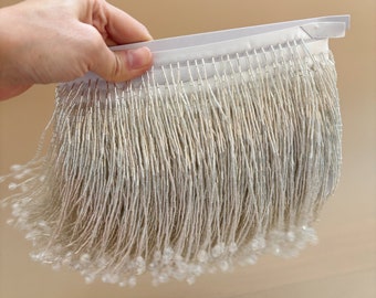 Silver bead Fringe trim for dress alteration, dance costume,  5.9 inches