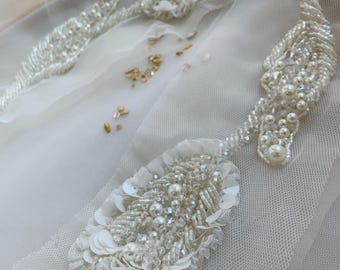 3d hand bead appliqué with Tulip design, ivory floral embroidery patch coiled flower patch millinery supplies