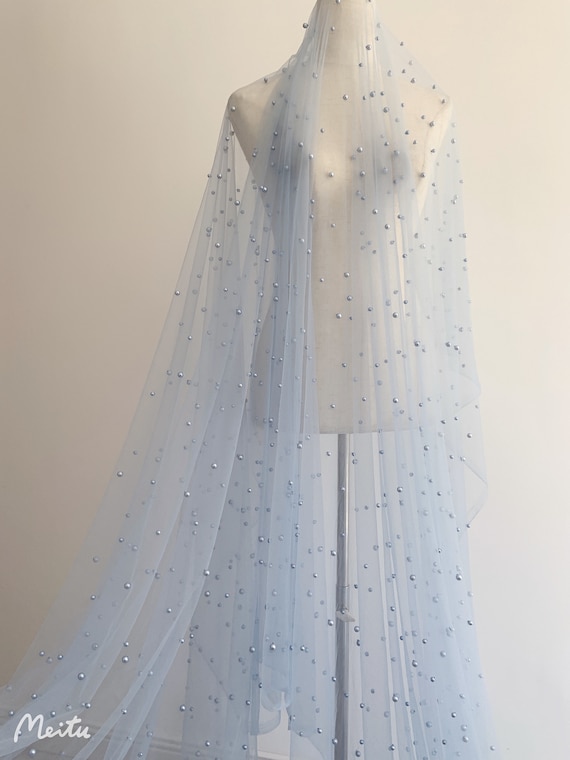 soft blue pearl bead tulle fabric by the yards for veils, wedding dress, wedding prop backdrop