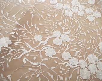 Embroidered Tulle lace fabric for bridal dress, lace fabric with retro florals, tulle lace fabric