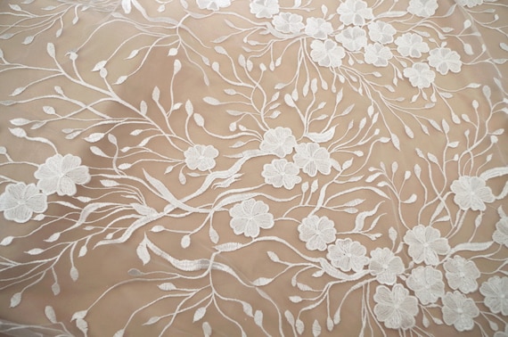 Embroidered Tulle lace fabric for bridal dress, lace fabric with retro florals, tulle lace fabric