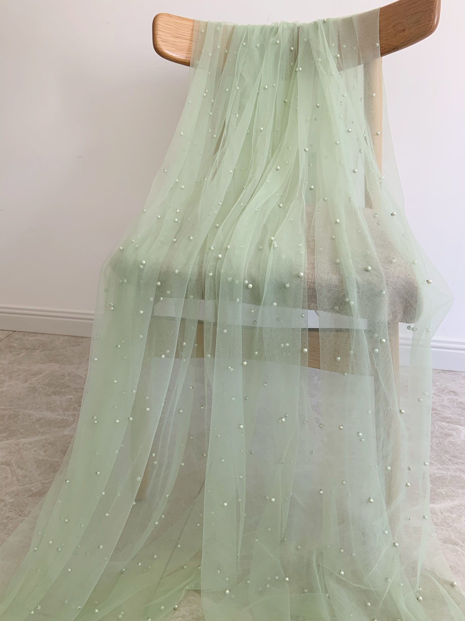 Light Sage Green Pearl Bead Tulle Fabric Sheer Tulle Lace Etsy