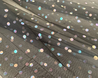 Black tulle fabric with iridescent polka dots, soft tulle with rainbow dots for costume, dance costume, wedding decors, party decors