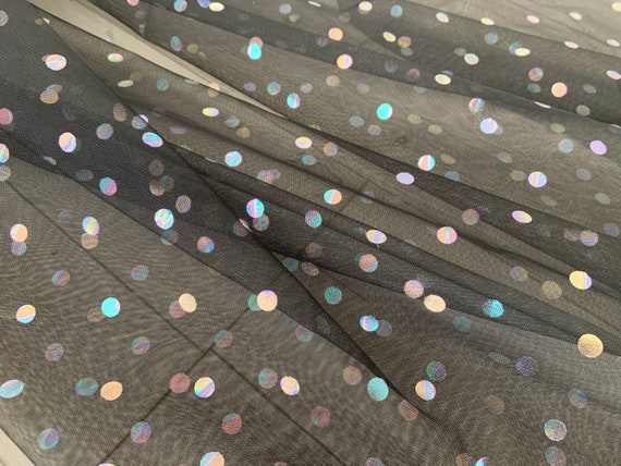 Black tulle fabric with iridescent polka dots, soft tulle with rainbow dots for costume, dance costume, wedding decors, party decors