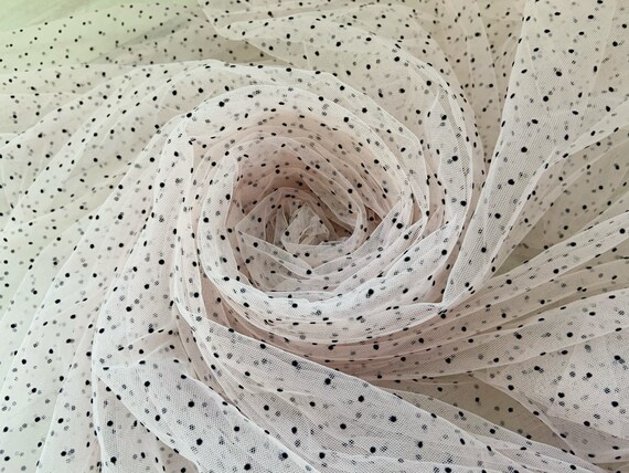 Soft pink tulle fabric with black tiny velvet dots, sheer tulle fabric with mini polka dots for dress, couture, prop