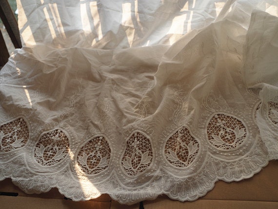 cotton lace fabric, off white eyelet lace fabric, retro scalloped lace fabric, cotton eyelet lace fabric with hollowed out florals