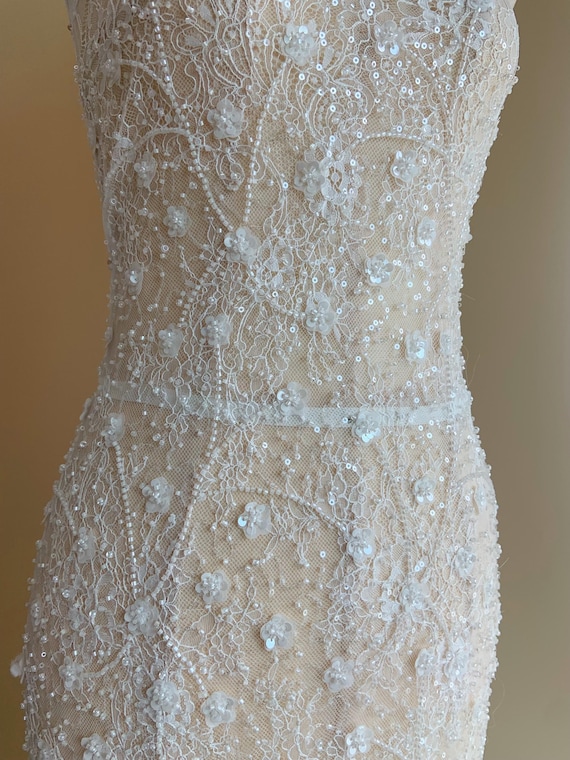 white bead Chantilly lace fabric with 3d flowers,  heavy beadwork chantilly lace fabric for bridal dress, wedding dress