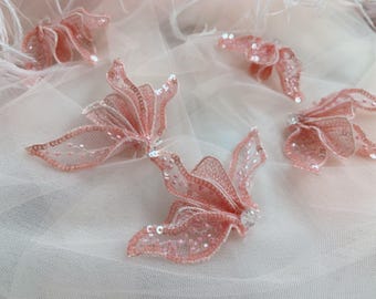 Scarlet handcrafted patch with orchid for dress alteration, beadwork flower millinery supplies