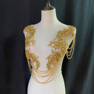 Gold Rhinestone applique with fringe and chains for dress, body jewelry with fringe, crystal embellishment for couture, dance costume