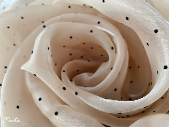 Nude tone organza  fabric with velvet polka dots, shiny organza fabric with flocking dots