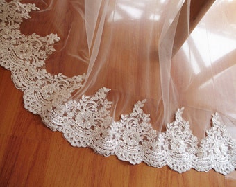 pearl beaded lace trim, bridal lace trim, ivory alencon lace trim, sequined wedding trim lace, beading lace for bridal veil